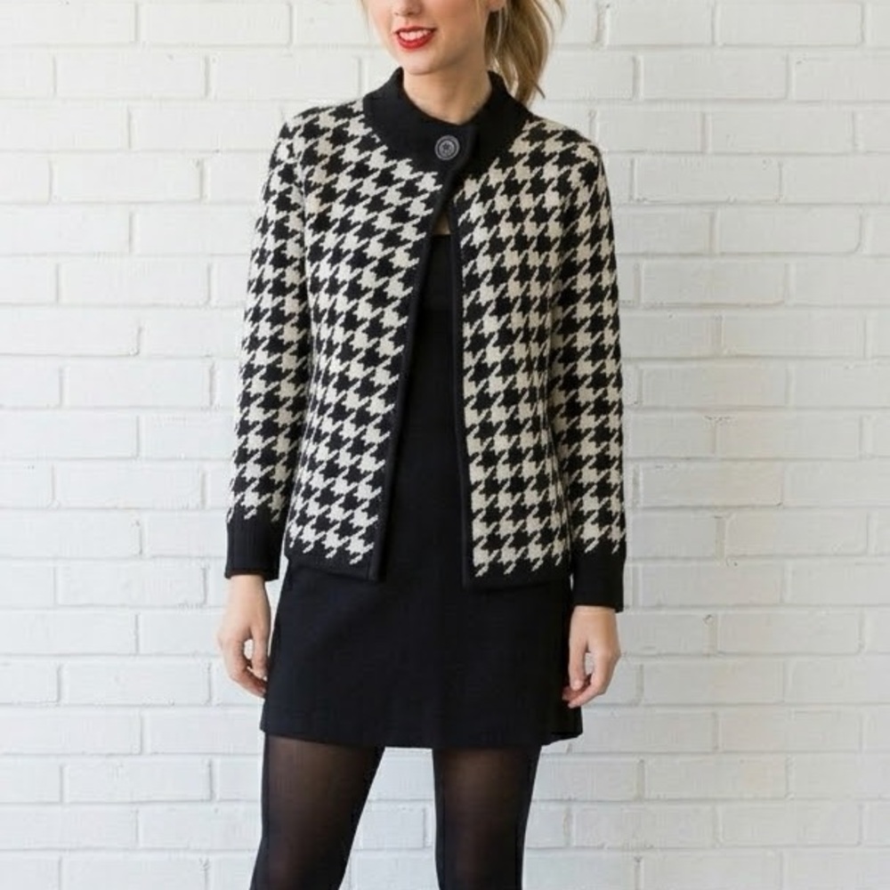Vintage 90s Black White Houndstooth Knit Cardigan Sweater Cardigan Size Medium - Picture 2 of 11